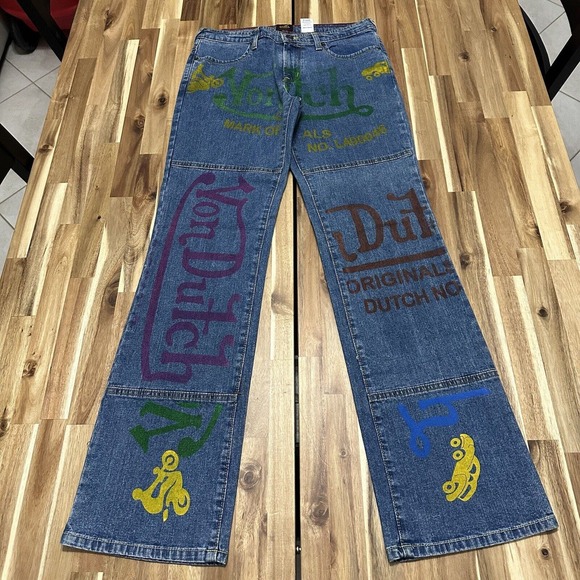 Vintage Von Dutch Jeans Womens 9 (31x32) Blue Flare Streetwear Y2K Colorful
